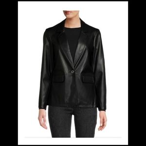 NWOT Tahari Black Faux Leather Single Button Closure Blazer